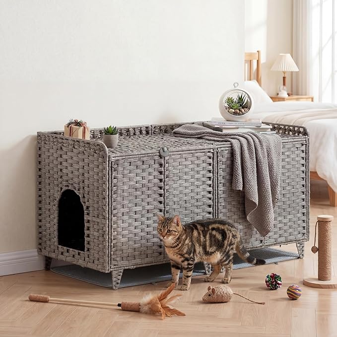Cat Litter Box Enclosure Furniture, Handwoven Rattan Cat Houses, Hidden Cat Washroom Furniture with Door/Mat, Large Space Cat Houses with S-Shaped Hooks, Living Room, Bedroom, Gray