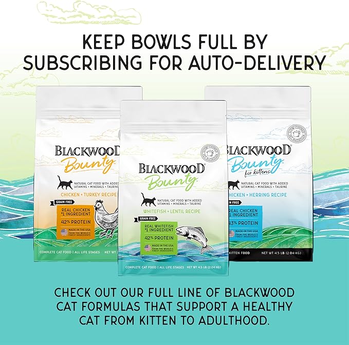 Blackwood Bounty Dry Cat Food, Whitefish & Lentil Recipe for All Life Stages, 10 Pound Bag, High Protein, Grain Free