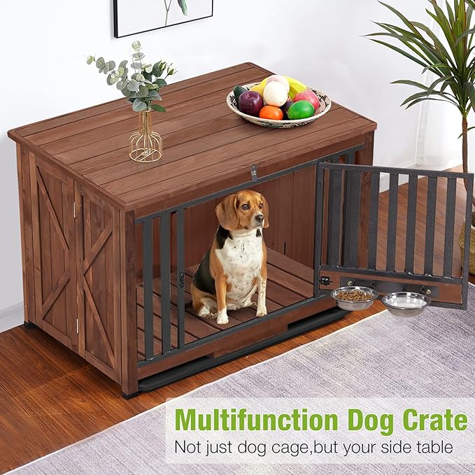 GUTINNEEN Dog Crate Furniture Foldable Dog Kennel for Small Medium Dogs Large Solid Wood Dog House with Bowl Heavy Duty Dog Cage End Table (Dark Brown)