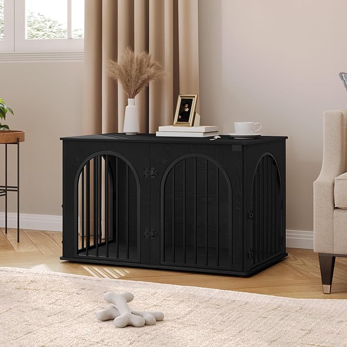 Hzuaneri 39.4" Wooden Dog Crate Furniture, Indoor Dog Kennel Dogs Cage for Small/Medium/Large Dogs, Heavy Duty Dog Crates Decorative Pet House End Side Table TV Stand, Black DFC84104B