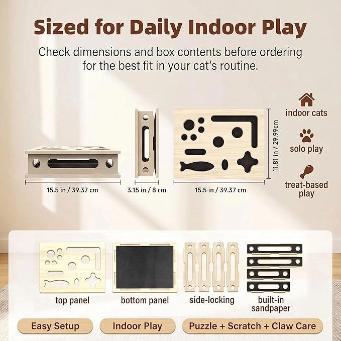 Cat Scratch Puzzle Box, Cat Nail File Box, Cat Enrichment Toy for Indoor Cats, Solid Wood Treat Puzzle Maze with Built-in Sandpaper, Stable Lock-Fit Interactive Claw Care Toy