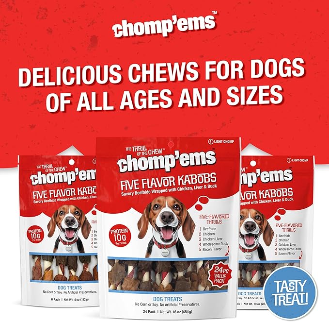 CHOMP 'EMS Five Flavor Kabobs Dog Treats - Beefhide Chewstick - High Protein Dog Chews, 24 Count, 16 oz,454g