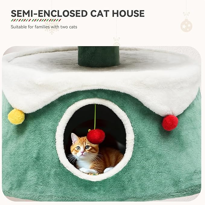 DWVO Christmas Cat Houses for Indoor Cats, Christmas Cat Tree Tower with 2 Cozy Houses, Kitty Furniture with Teaser Plaything for Christmas Decoration
