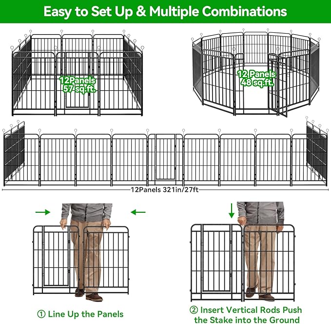 Kfvigoho Heavy Duty Dog Playpen: 12 Steel Panels 40" Height, Square Steel Pipe with Reinforced Crossbars, 27FT 57 Sq.ft Portable Fence for Yard RV Camping, Snowy Black