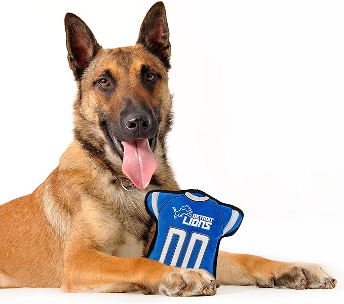 The 1st Ever Tough but Smooth Dog Toy NFL Detroit Lions Football Jersey Tough Pet Toy. A Premium Quality Doggie Toy with Built-in Squeaker. Sports Fans Favorite Chew Toy