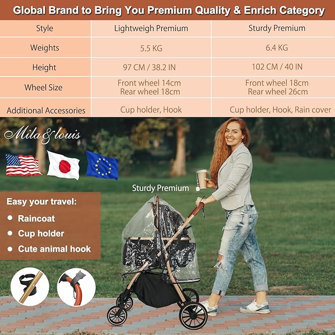 MILA&LOUIS Dog Stroller, 24" Pet Cradle, Large PU Wear-Resistant Wheels, Cat Stroller for Small & Medium 55 lbs, Lightweight Pet Stroller, Detachable Aluminum Cradle, Cup Holder, Hook & Rain Cover