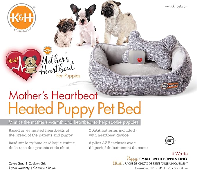 K&H Pet Products Mother's Heartbeat Heated Dog Bed with Bone Pillow Heartbeat Puppy Toy, New Puppy Essential Heated Puppy Bed + Dog Anxiety Toy - Gray 11 X 13 Inches w/ Small Breed Heartbeat Rhythm