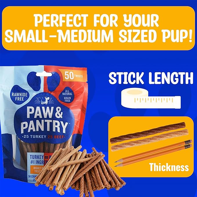 Paw & Pantry 5" Soft & Chewy Stick Twists - Real Beef & Turkey - Pack of 50 Rawhide-Free, Grain-Free Dog Twist Sticks - Healthy Training Treats for Any Size Pup