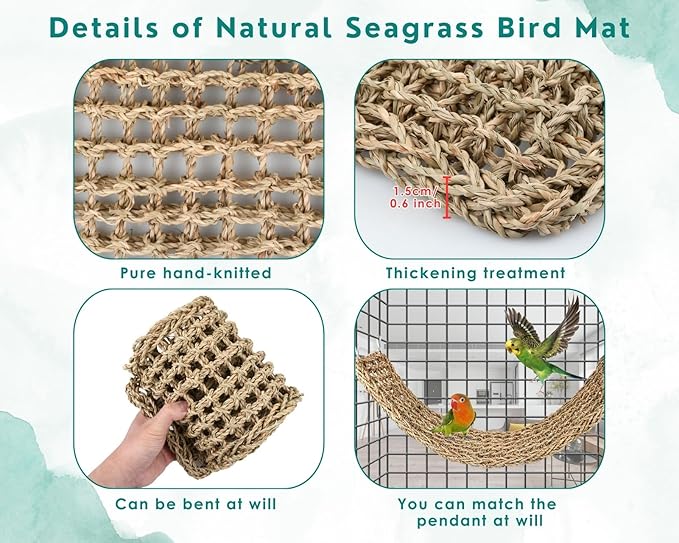 DS. DISTINCTIVE STYLE Bird Seagrass Mat Natural Grass Woven Net Hammock Bird Cage Accessories Bird Bridge for Pigeon Macaw Cockatiel Conure Budgie Cockatoo Rat Bearded Dragon