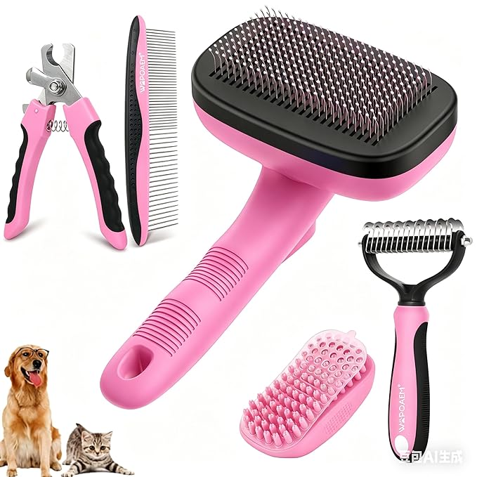 Self Cleaning Slicker Brush & Dog Brush Grooming Rake & Bath Brush & Nail Clippers & Pet Comb for Pets,Deshedding Dematting Tool for Long and Short Haired Dogs & Cats,Pink 5 PCS