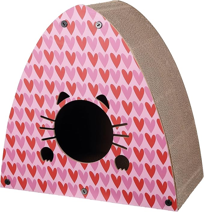 CSR1006C Koko 19" Modern Cardboard Triangle Cat Cave Scratcher with Catnip, Pink/Red, 2-in-1 Corrugated Cat House Hideaway & Scratching Board for Cats, Durable Furniture Protector