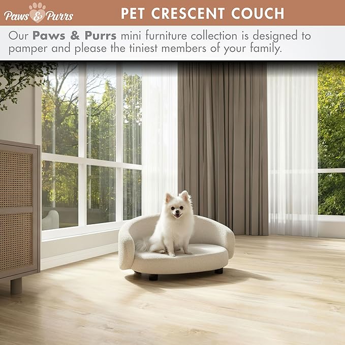 Paws & Purrs Arc Crescent Back Sofa Style Pet Bed, Dog & Cat Modern Couch with Tufted Cushion & Armrest, Stylish Indoor Pet Furniture, Boucle Ivory