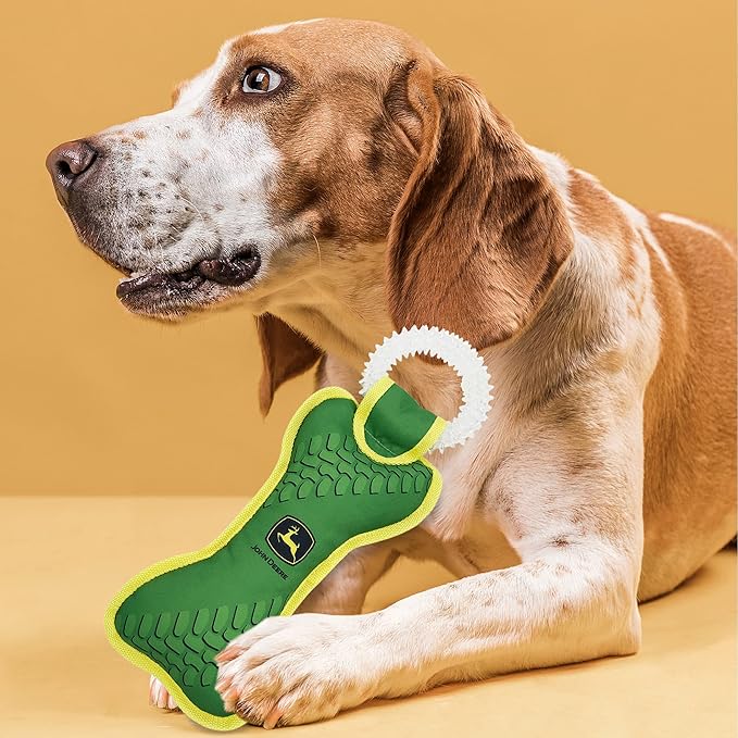 JOHN DEERE DOG DENTAL TEETHING RING TUG TOY & Nylon Squeak Bone Toy. TOUGH STURDY PET TOY with John Deere Logo. BEST DOG FIELD TOY for DOG OWNERS, Famers, Construction gigs, Builders, Landscaping fans