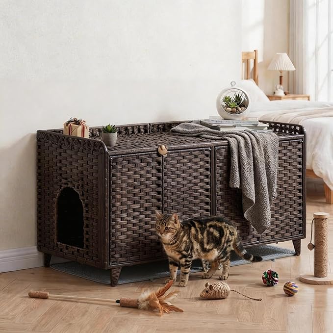GAOMON Cat Litter Box Enclosure Furniture, Handwoven Rattan Cat Houses, Hidden Cat Washroom Furniture with Door/Mat, Large Space Cat Houses with S-Shaped Hooks, Living Room, Bedroom, Brown