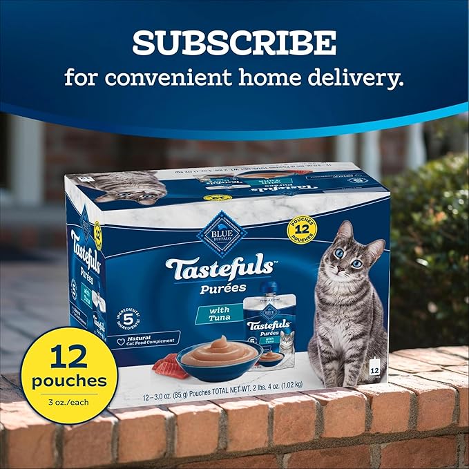 Blue Buffalo Tastefuls Purées with Tuna, Natural Cat Food Complement, Resealable Twist Cap Pouches, 3-oz (12 Count)