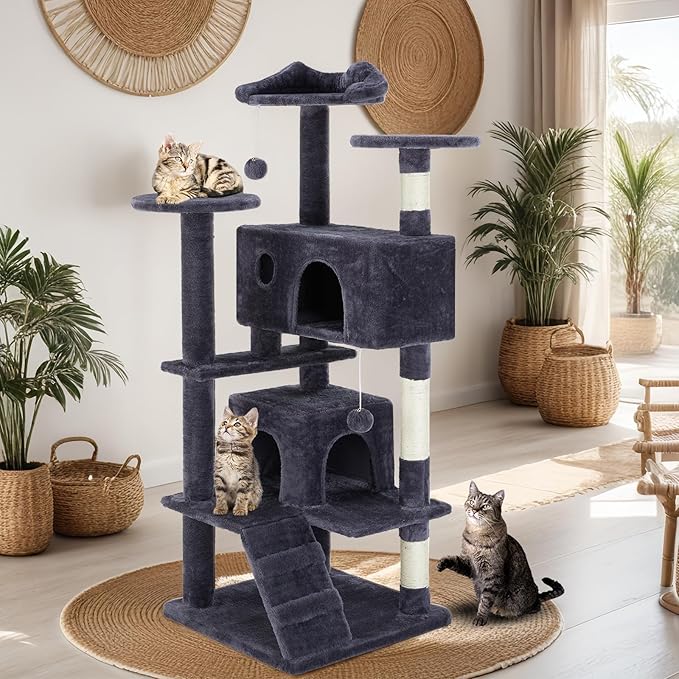 Hexago 54 Inch Cat Tree Tower for Indoor Cats, Dark Blue Multi-Level Cat Condo with Scratching Posts, Climbing Ramp, Plush Beds, and Toy Ball, Stable Cat Furniture Activity Center