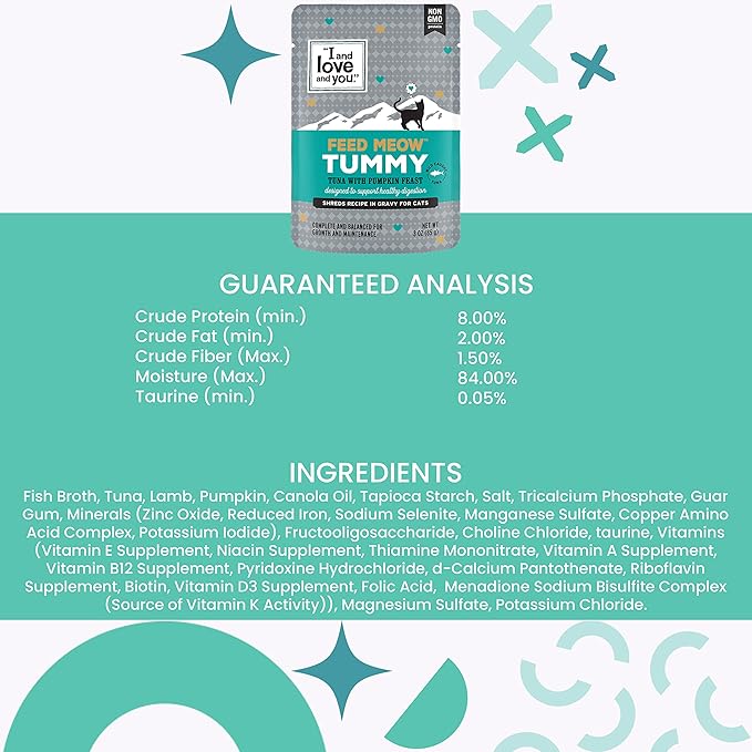 I AND LOVE AND YOU Feed Meow Tummy Wet Cat Food - Tuna + Pumpkin - Digestion Support, Grain Free, Shredded, 3oz Pack of 12