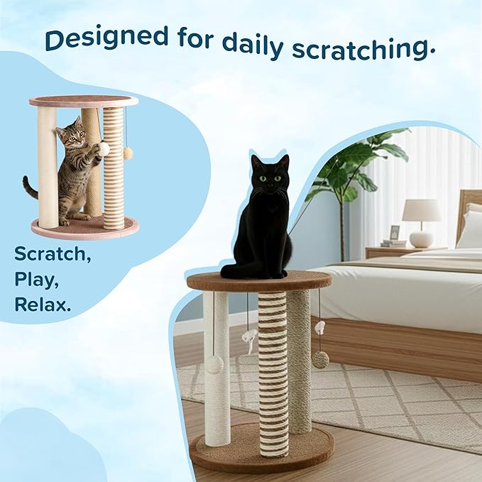 Cat Scratching Post - 3 Scratcher Posts with Carpeted Base Play Area and Perch - Furniture Scratching Deterrent for Indoor Cats by PETMAKER (Brown), Large