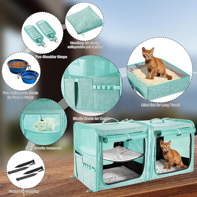 Large Cat Carrier for 2 Cats with Zipper Locks, Double Cat Carrier with Travel Litter Box, Soft Pet Travel Carrier for Cats and Small Dogs Up to 45 Lbs, Green