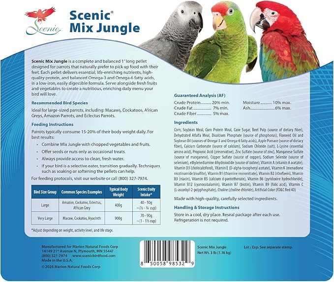 Scenic Mix Jungle Large Parrot Food - 6 lb (2 x 3 lb Bags) - 1" Bird Pellets - Complete Nutrition for Macaws, Amazons, Cockatoos, African Grey Parrots & More