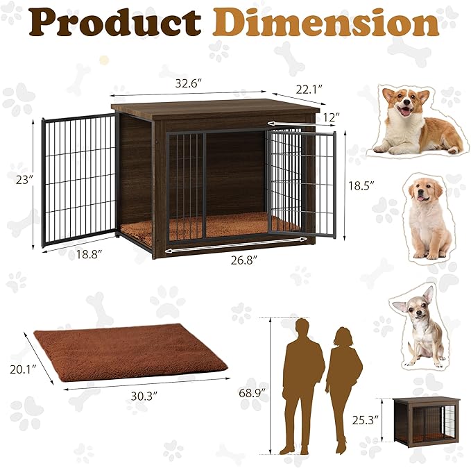 Dog Crate Furniture with Thick Cushion, Side End Table Wooden Dog Cage with Double Doors, Chew-Resistant Dog Kennel Dog House Indoor for Small to Large Dog