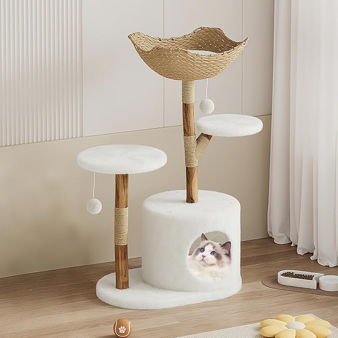 Garvee Wood Cat Tree Tower, Indoor Cat and Natural Wicker Apartment with Cat Catching Column and Bed, Aesthetic Tree Frame