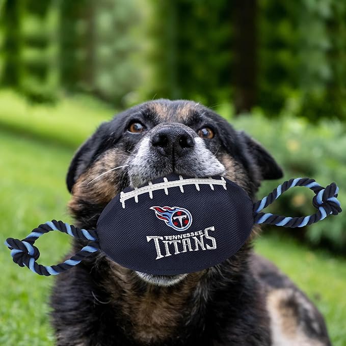Pets First NFL Tennessee Titans Football Dog Toy, Tough Quality Nylon Materials, Strong Pull Ropes, Inner Squeaker, NFL Team Color