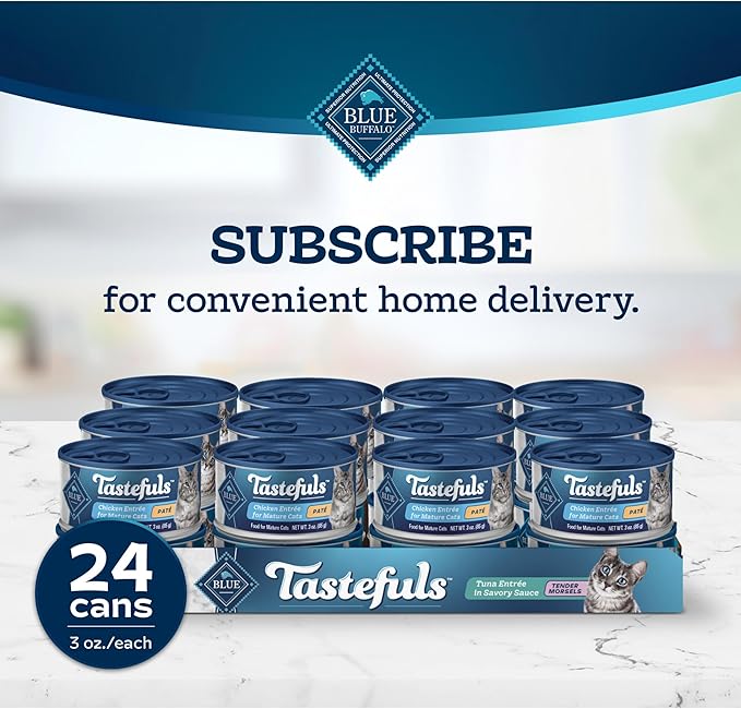 Blue Buffalo Tastefuls Wet Cat Food Paté for Mature Cats, Made with Natural Ingredients | Chicken Entrée, 3-oz. Can (24 Count)