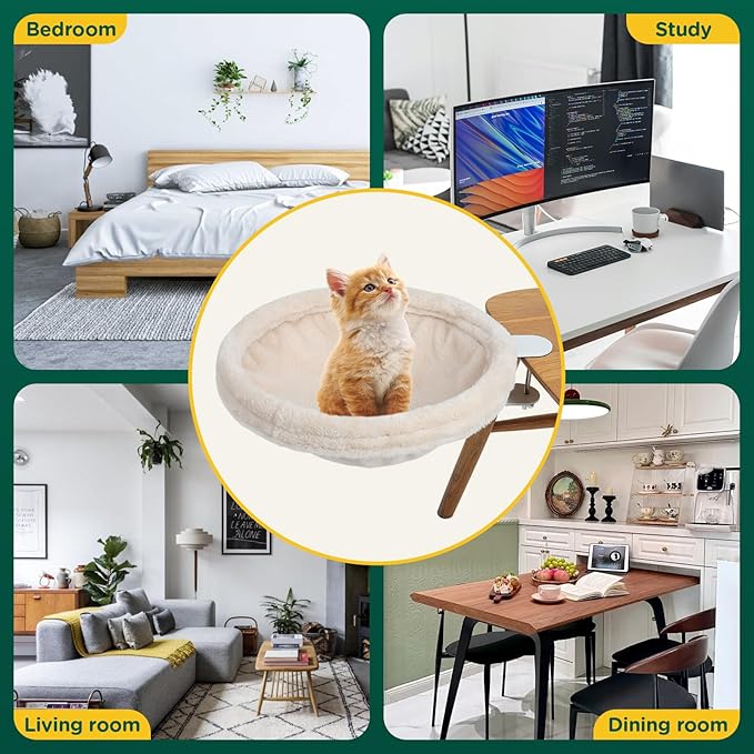 Cat Desk Bed, Round Cat Bed for Desk,Adjustable Steel Frame, Indoor Desk Perch for Cat up to 25 lbs, Unique and Modern Cat Furniture(Cream)