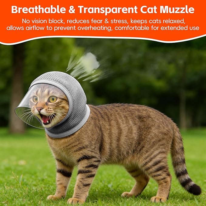 Adjustable Cat Muzzle for Grooming & Biting Prevention, Upgrade Kitten Head Cover,Breathable Anti-Bite Cat Mask with 4 Anti-Scratch Gloves Boots Silicone Shoes for Nail Trim Bath Vet Visit (Grey, S)