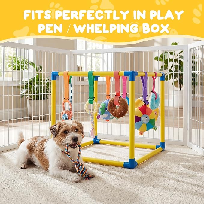 Puppy Play Gym with 10 Hanging Toys, 19.6" Dog Jungle Gym PVC Frame with 10 Interactive Enrichment Toys & Straps for Small Dogs Cats, Indoor Funny Puppy Gym Pet Supplies Essentials