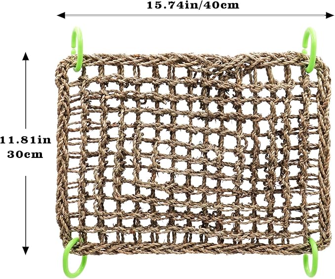 Birds Natural Seagrass Mat Hanging Woven Net Hammock Mat with Hooks Bird Cage Accessories Climbing Rope Ladder Chew Toys for Cockatiel Hamster Guinea Pig Rats Hamster Parakeet (16''x12'')