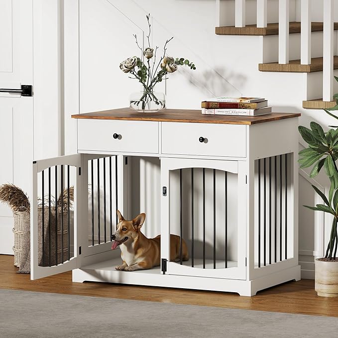 Kucreiheat 40'' Wooden Dog Crate Furniture–Farmhouse Dog Kenel-Multi Purpose Pet House with Double Doors, 2 Drawers, for Small, Medium & Large Dogs–White & Brown Finish