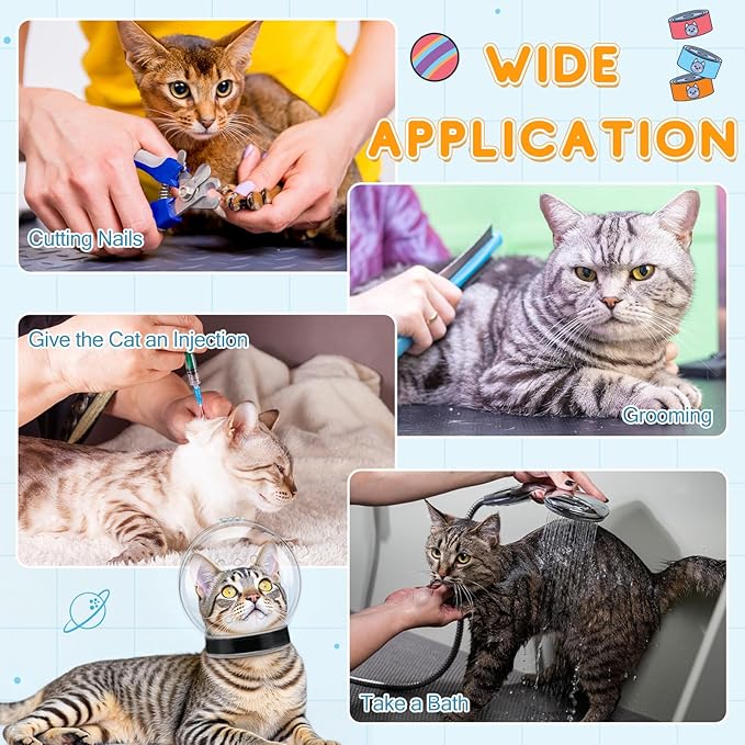 Chunful Cat Muzzle for Grooming, Cat Helmet and Wrap for Cutting Nails, M Size Adjustable Mask, 27.6" Anti-Escape Calming Swaddle Cloth, Bathing Shaving Anti-Scratch Pet Tools(Animal)