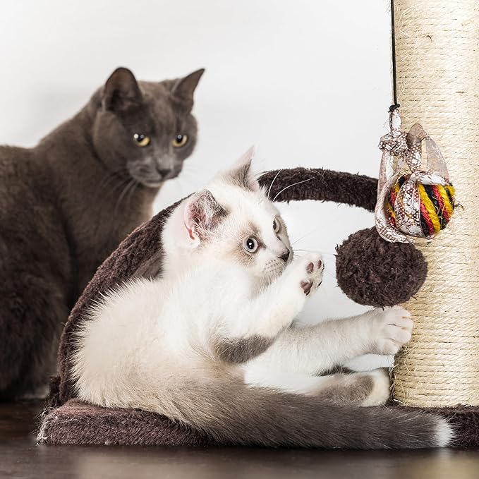 6-Tier Cat Tower- Cushioned Pet Bed, Napping Perches, Kitty Condo Hut, and Spring Arms with 3 Hanging Toys Fully Carpeted by PETMAKER (Brown/Beige)