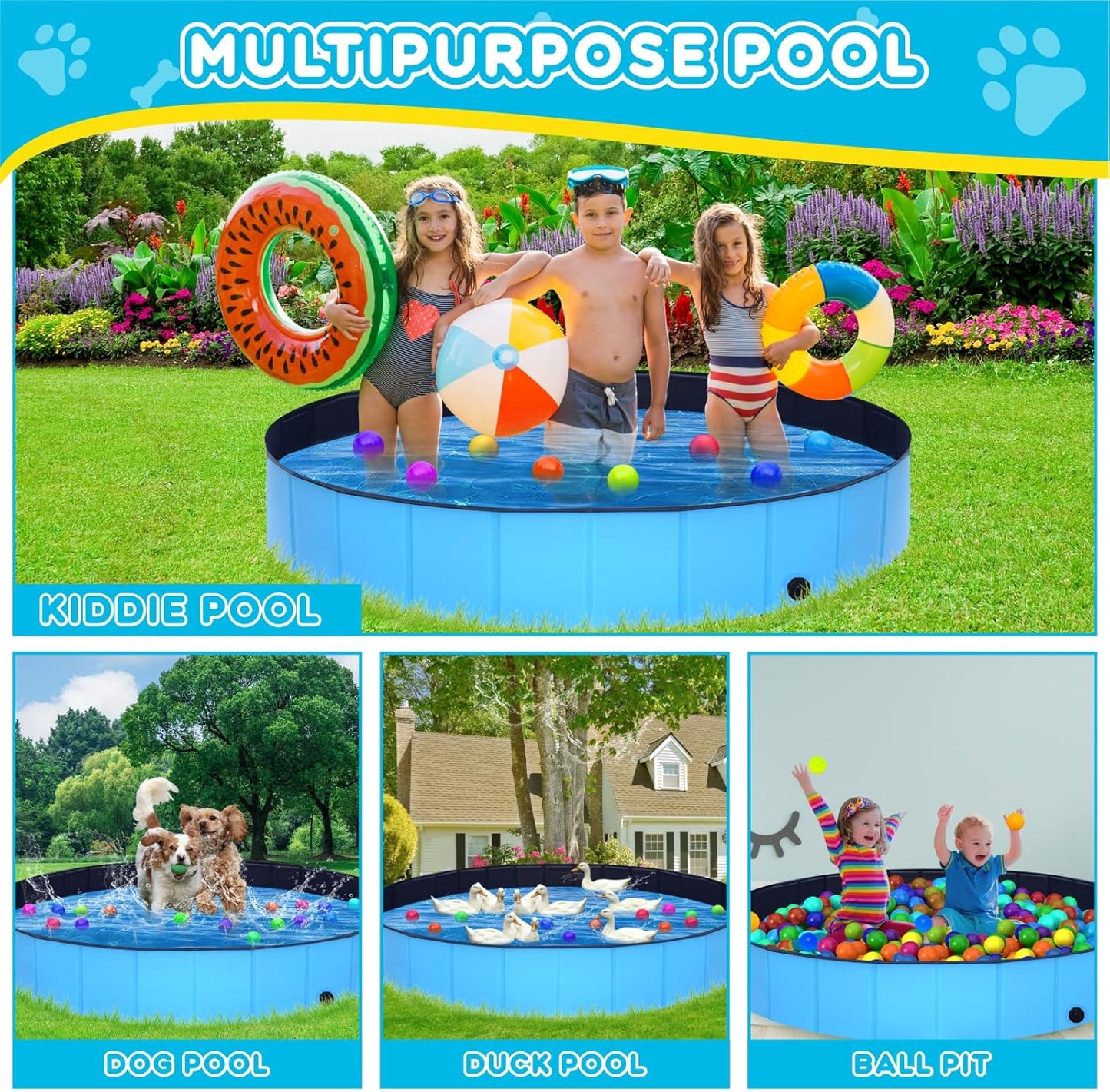 Extra Large Collapsible Dog Pool,97"x16" Anti-Slip Portable Swimming Pool Bathing Tub,Hard Plastic Kiddie Pool for Pets Dogs Cats & Kids…