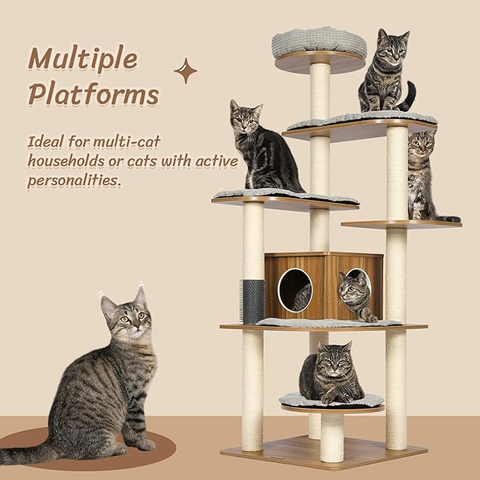 Tall Wooden Cat Tree, 69.3 Inch Modern Cat Tower for Indoor Cats, Multi-Level Cat Condo with 5 Scratching Posts, Perch, Cat Furniture for Big Cats, Rustic Brown