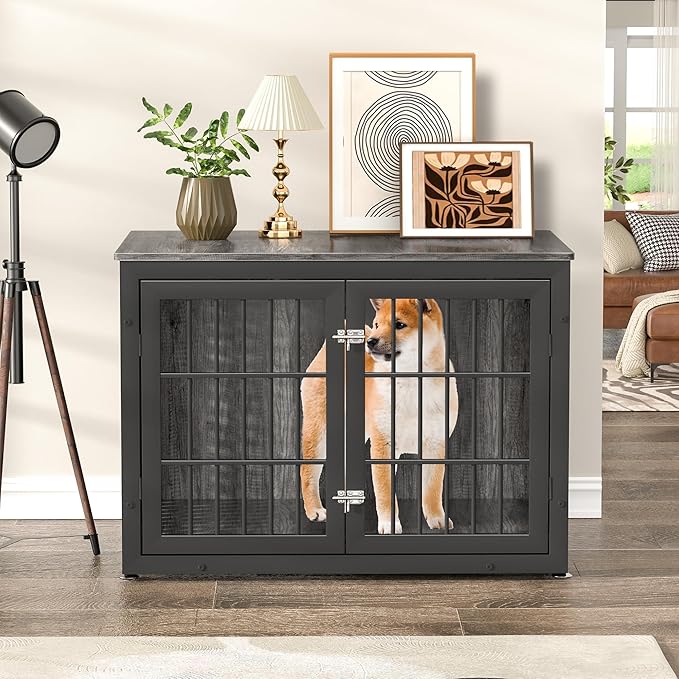rehomerance 38" Heavy Duty Dog Crate Furniture for Large and Medium Dogs,Wooden Metal Kennel for High Anxiety Dogs, Chew Proof Cage Indoor, Decorative Kennel End Table