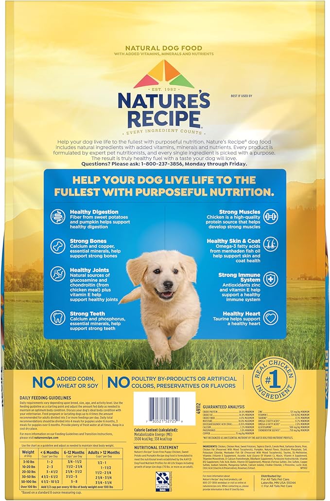 Nature's Recipe Grain Free Puppy Dry Dog Food, Chicken, Sweet Potato & Pumpkin Recipe, 12 lb. Bag