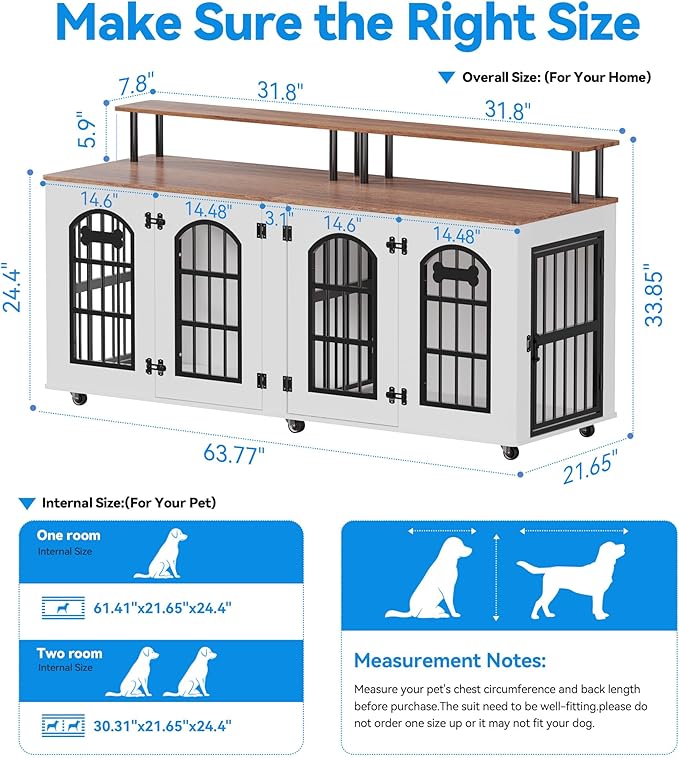 Petrova 63" Dog Crate Furniture for 2 Dogs, Heavy Duty Indoor Dog Kennel for Medium/Large Dogs, Wooden Dog Cage with Removable Divider, 6 Lockable Wheels, Storage Compartment, Beige
