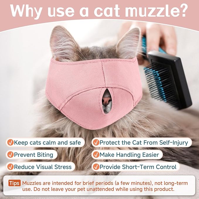 BARKLESS Cat Calming Muzzle for Grooming & Nail Trimming, Oxford Muzzle with Shading Design to Help Calm the Cat Down, Soft Head Cover to Prevent Biting & Scratching (Pink, L)