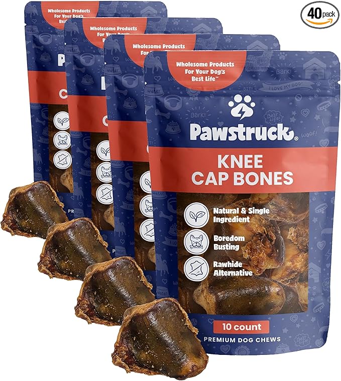 Pawstruck Natural Knee Cap Dog Bones - Treats for Aggressive Chewers, Low Fat & High Protein Chews, Beef Flavor, Long-Lasting Rawhide Alternatives - 40 Pack, Packaging May Vary
