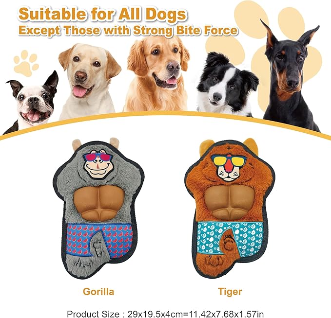 Yellow Tiger Plush Squeaky Dog Toy with TPR Muscles Puppy Teething Chew Toy Cute Soft Funny Stuffed Animal Interactive Fetch Tough Dog Toy for Small Medium Large Dogs Toy Gift 29cm/11.42in