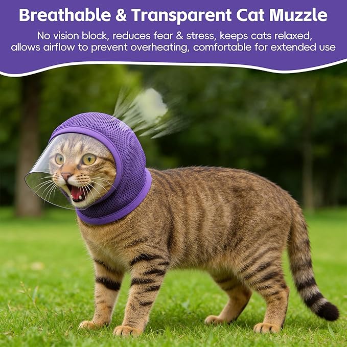 Adjustable Cat Muzzle for Grooming & Biting Prevention, Upgrade Kitten Head Cover,Breathable Anti-Bite Cat Mask with 4 Anti-Scratch Gloves Boots Silicone Shoes for Nail Trim Bath Vet Visit (Purple, M)