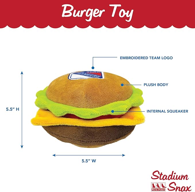Pets First NHL New York Rangers Crinkle Fine Plush Dog & Cat Squeak Toy - Cutest STADIUM HAMBURGER Plush Toy for Dogs & Cats with INNER SQUEAKER & Beautiful Hockey Team Name/Logo