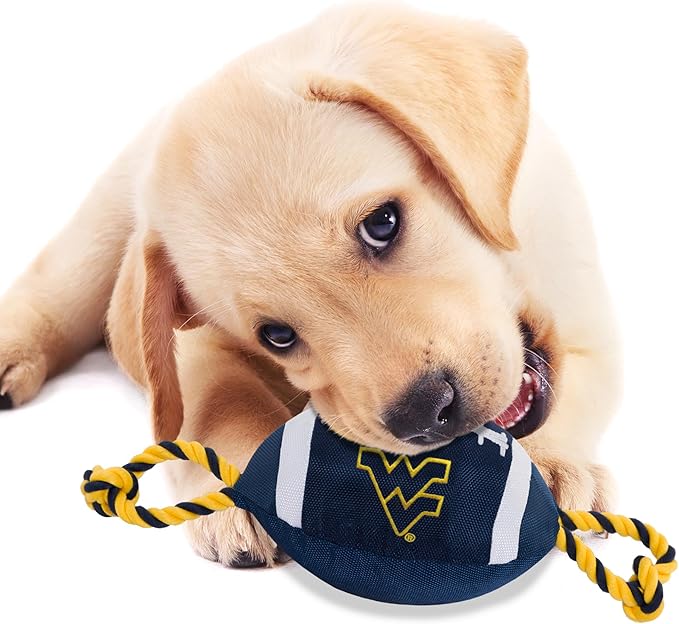 NCAA West Virginia Mountaineers Nylon Football Dog Toy, Tough Quality Nylon Materials, Strong Pull Ropes, Inner Squeaker, Collegiate Team Color