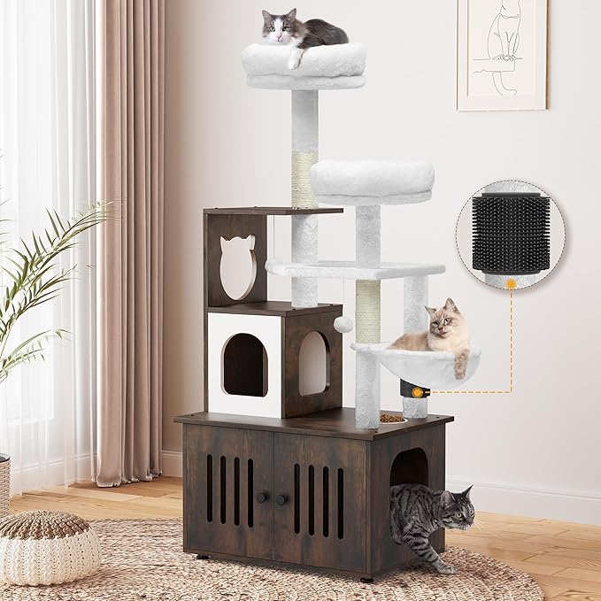 YITAHOME Cat Tree with Litter Box Enclosure, 2-in-1 Cat Furniture, Modern Cat Condo with Cat House, Perch, Food Station, Hammocks, Scratch Post, Hair Brush, 59 Inch, Rustic Brown
