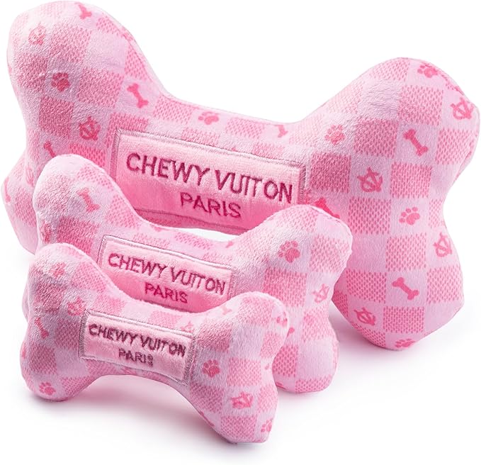 Haute Diggity Dog Chewy Vuiton Bone Plush Squeaky Dog Toy, Soft Durable Designer-Inspired Stuffed Puppy Chew Toys for Small & Medium Dogs, Machine-Washable (Pink Checker) Large