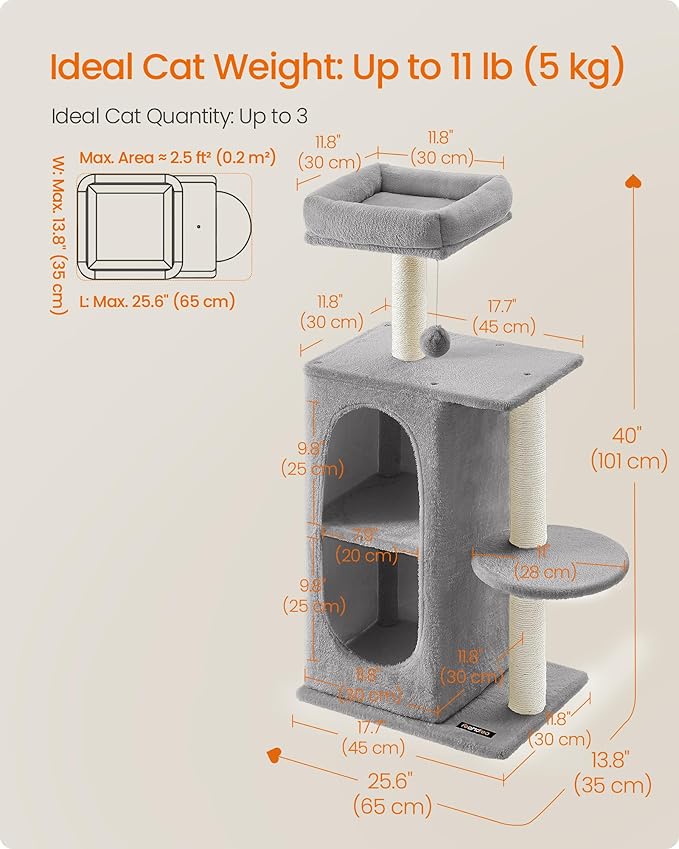 Feandrea Cat Tree, Small Cat Tower for Indoor Cats, Plush Cat Caves with Perch, Scratching Posts, for Small Spaces, Kittens, Light Gray UPCT005G01