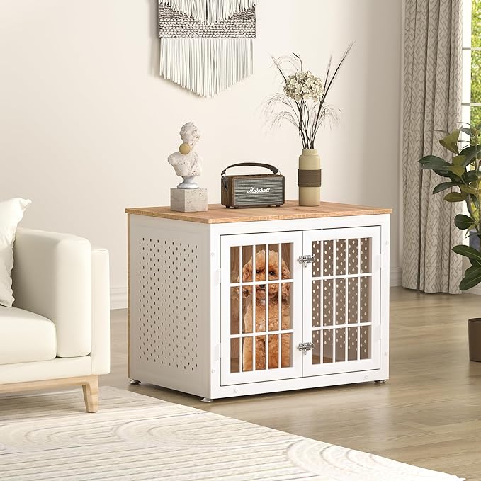rehomerance 32" Heavy Duty Dog Crate Furniture for Small and Medium Dogs, Metal Kennel for High Anxiety Dogs, Chew Proof Pet Cage Indoor, Decorative Dog Kennel End Table, White